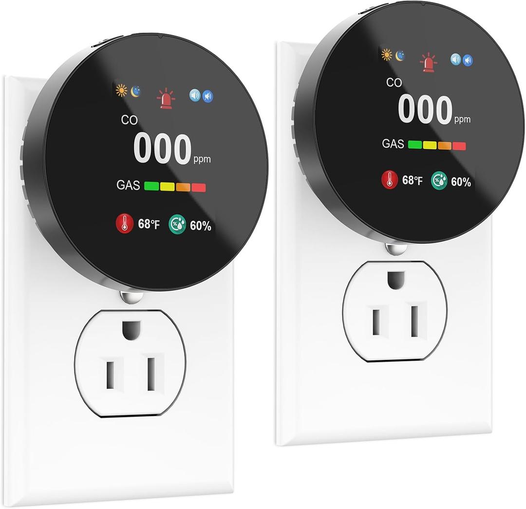 4-in-1 Carbon Monoxide & Gas Detector Plug in, Combination Natural Gas Leak & Carbon Monoxide Alarm, Dual Sensor CO & Gas Detector with Temperature & Humidity, 2 Packs