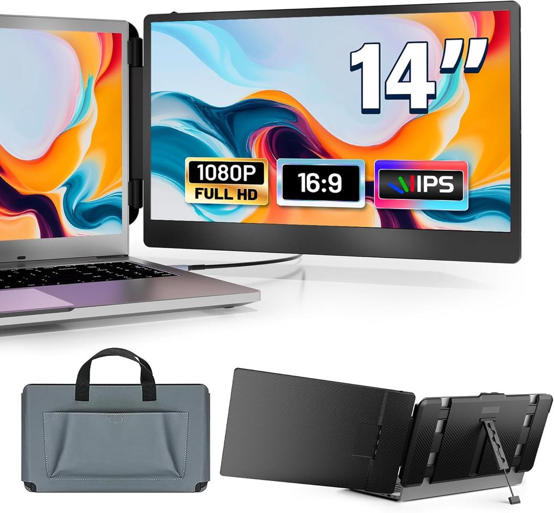 domyfan 14" Laptop Monitor Extender, FHD 1080P IPS Dual Laptop Screen Extender, HDMI/USB-A/Type-C Plug and Play for Windows, Mac, Chrome, Android, Xbox, Switch, PS5, Work with 13.3-17 Laptops