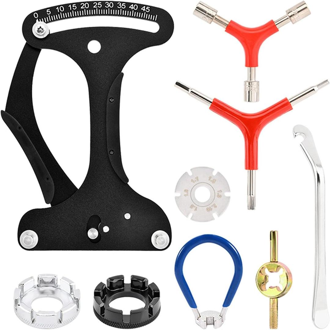 Bicycle Spoke Tension Meter Wrench Repair Tool Set, 9pcs Portable Bike Spoke Adjustment Tool Kit Bike Rim Repair Tool Tire Lever Cycling Pocket Tools for Bike Repair