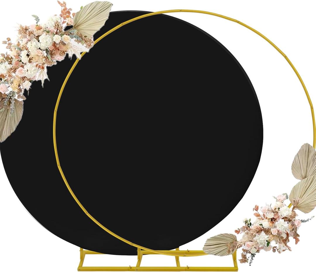 7.2ft Round Backdrop Stand and Black Covers 1 Stable Balloon Arch Stand with Base and 1 Polyster Circle Arch Covers Metal Wedding Arch Backdrop Stand Frame for Parties Baby Shower Garden Decorations