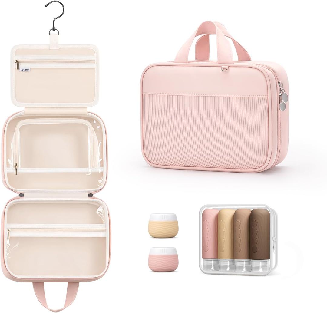 Lotour Travel Toiletry Bag for Women with Travel Size Silicone Containers Set, Hanging Toiletry Bag for toiletries, Cosmetic Bag Travel Organizer (Pink)