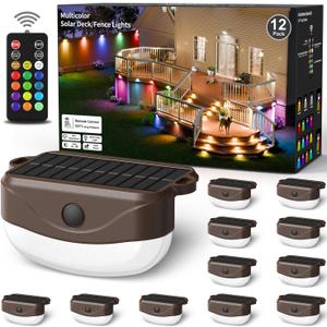 Solar Fence Lights with Remote Control 50ft,15 Multi Colors Solar Powered Outdoor Step Lighting,IP67 Waterproof Led RGBYW Colors Lamp for Outside Fence/Deck/Backyard/Stair Railing/Wall/Patio/Pool, Size: 12 Pack