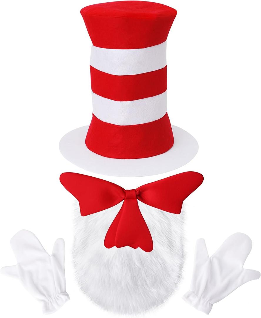 5 Pcs Cat Hat Costume Accessories,Red White Striped Cat Hats/Red Bow/White Furry/White Gloves,Halloween Costume Cosplay