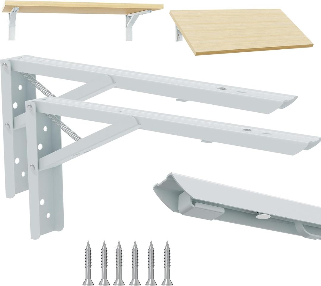 Folding Shelf Brackets 12 Inch - White Metal Heavy Duty Brackets - Collapsible Wall Mounted Shelf Bracket for Work Table, Ironing Board, DIY Table Work Bench, 2 Pack Folding Shelf Hinge Load 132lb