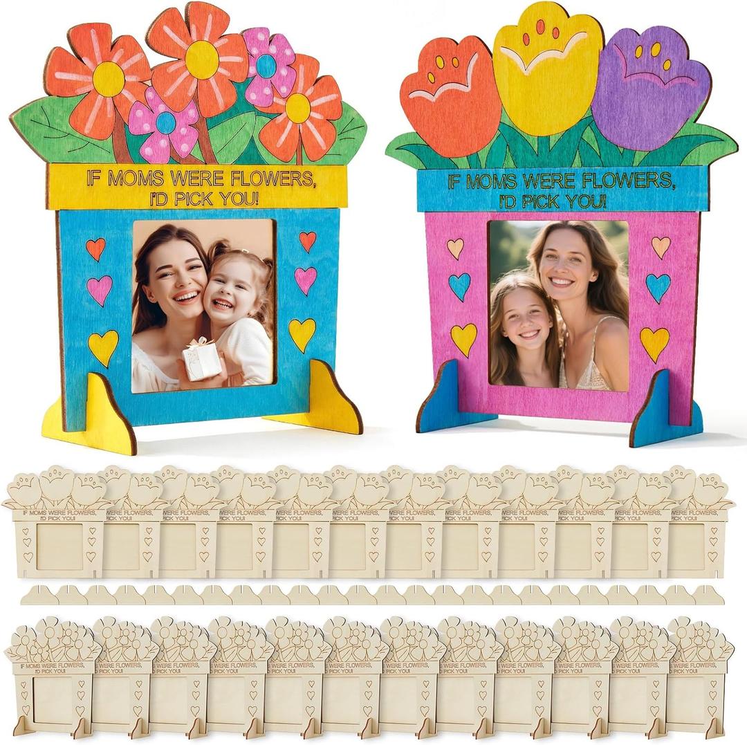 AIGIMU 24 Pcs DIY Mothers Day Crafts for Kids, Wooden Flower Picture Frame Kit 5.9" x 5.9", Color Your Own Mother's Day Crafts, Personalized Photo Frame for Mothers Day Gift from Daughter Son