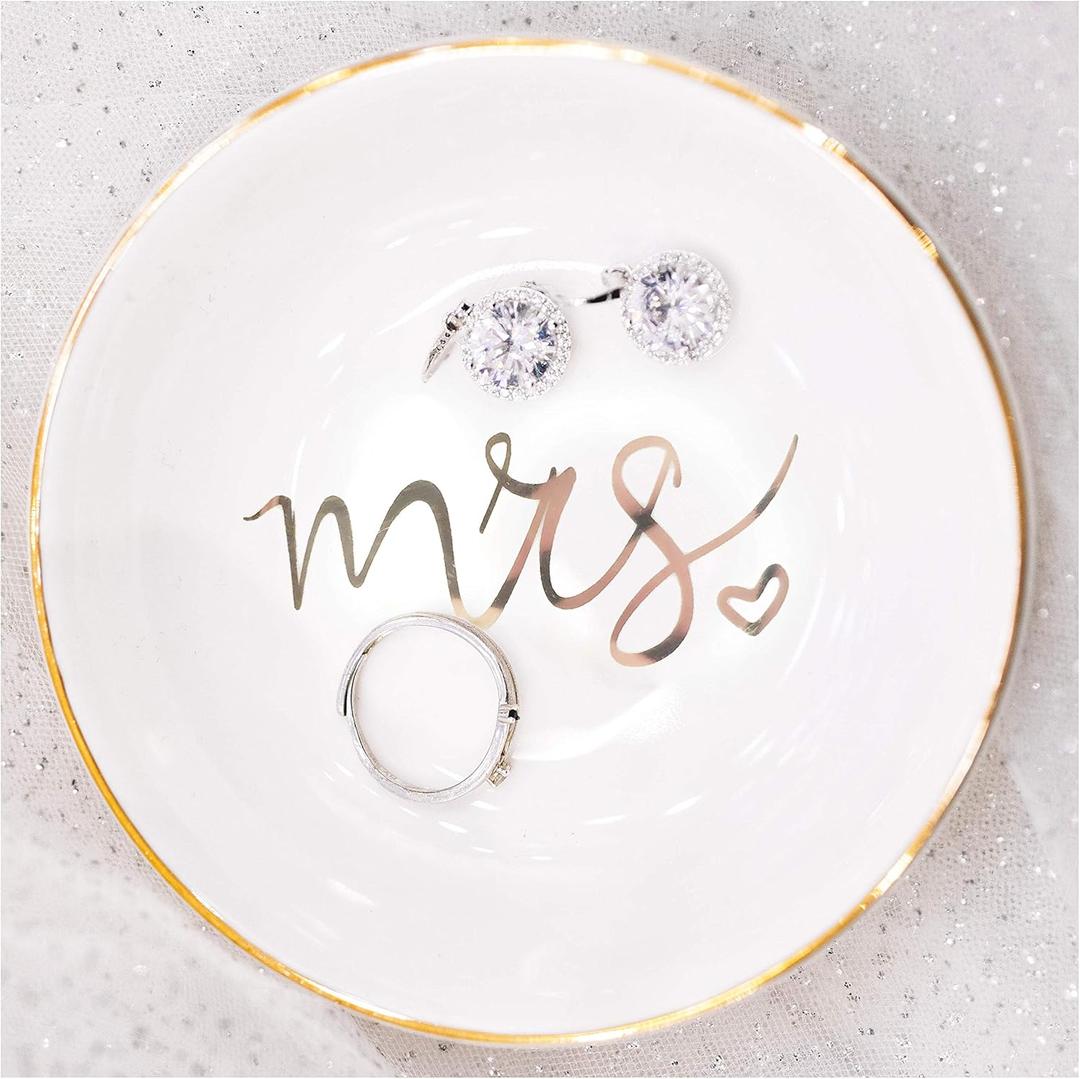 Mrs Jewelry Dish Ceramic Ring Trinket Tray Wedding & Engagement Gift for Mrs Storage
