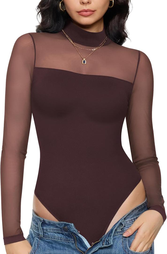 Nebility Women Long Sleeve Bodysuit Turtleneck - Mesh Shapewear Body Suit Tops Thong Going Out Tops Fall Outfits (Large, Brown)