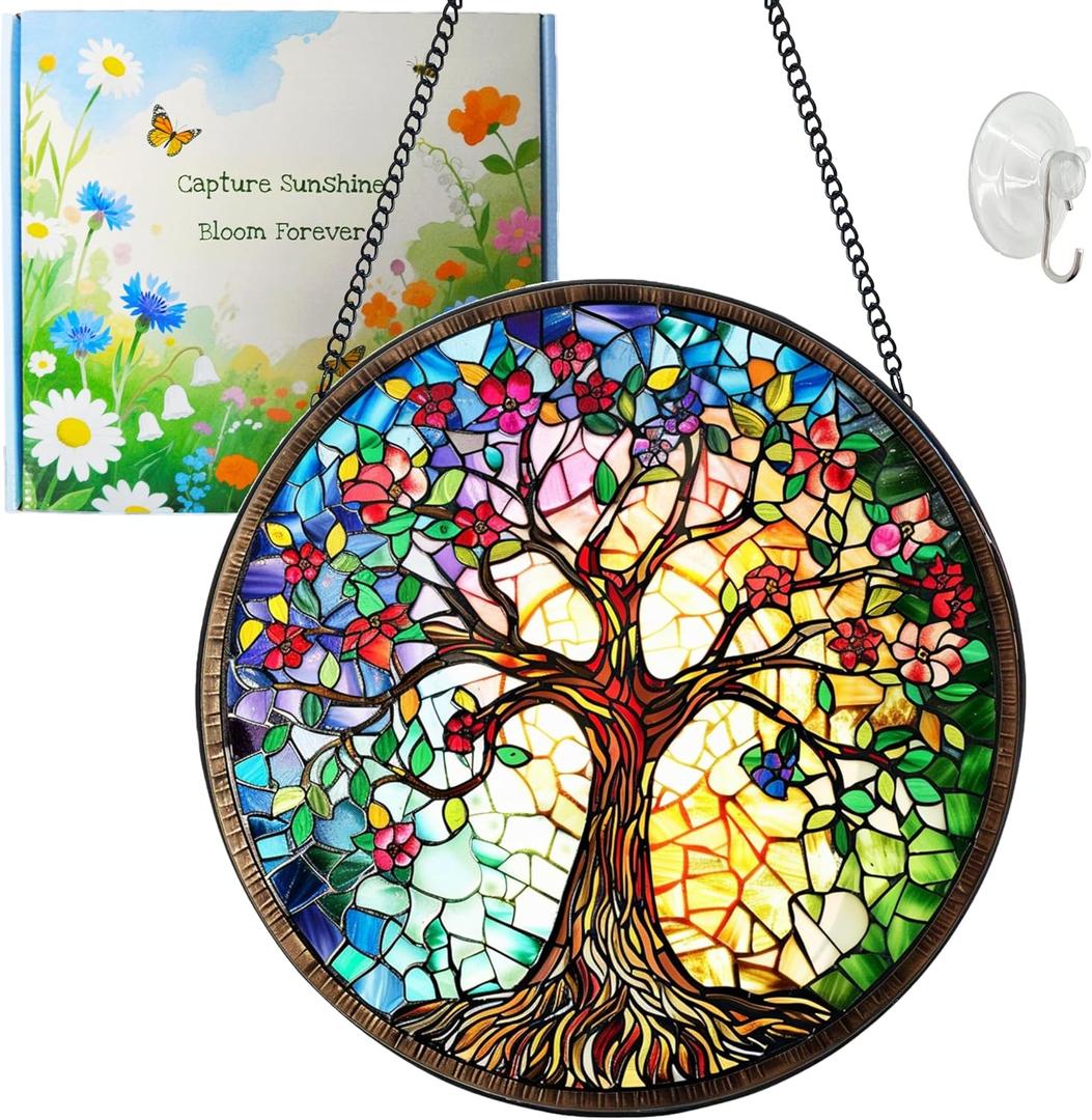 Tree of Life Suncatcher Stained Glass Suncatchers Stained Glass Ornament for Home Decor Indoor Wall Art Gift for Mother Women Friends (Tree of Life-F, M)