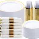 BESTVIP 350PCS Gold Plastic Dinnerware Set, Disposable Party Plates for 50 Guests, Include: 100 Plastic Plates, 50 Pre Rolled Napkins with Gold Silverware, 50 Cups