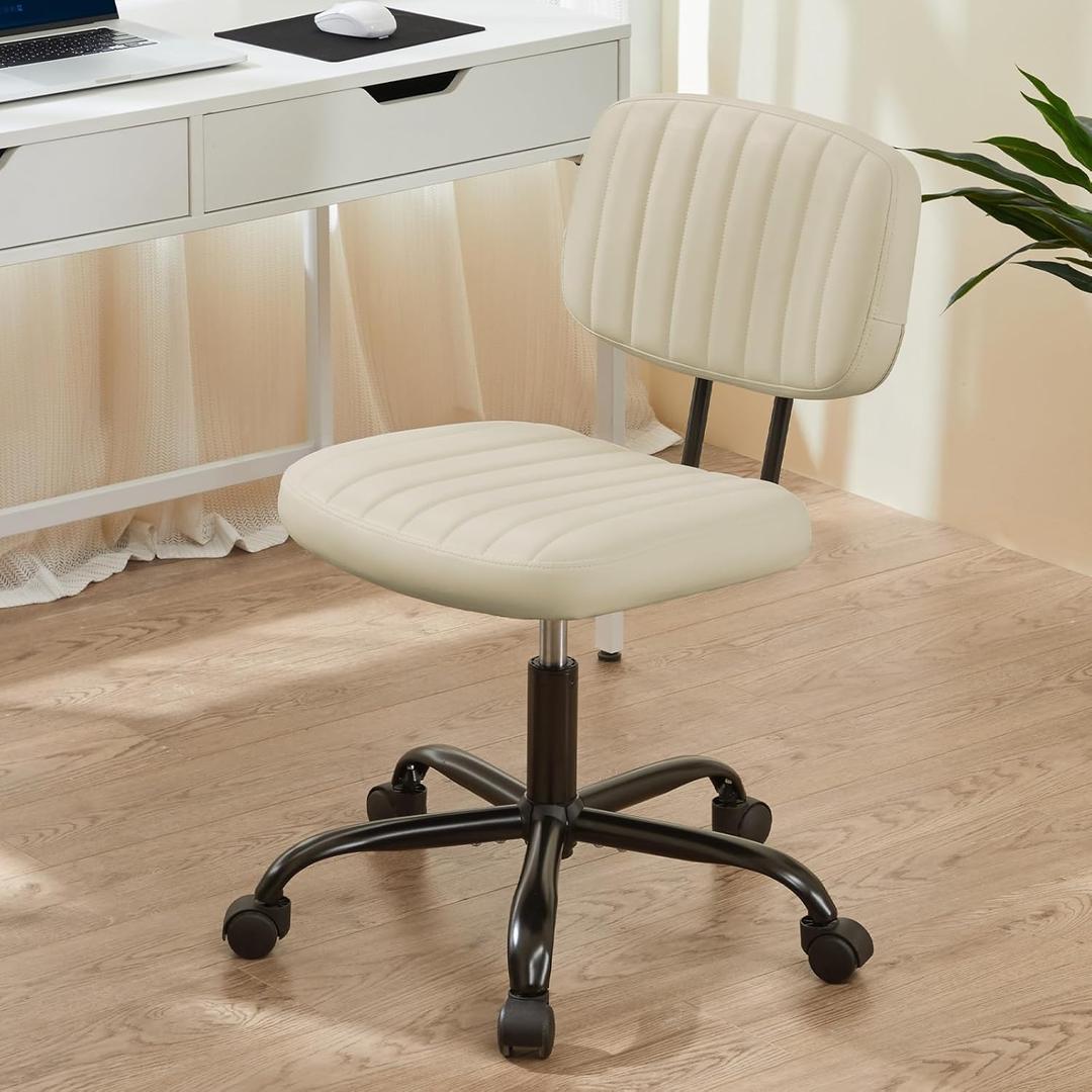Sweetcrispy Small Office Desk Chair - Armless PU Leather with Comfy Lumbar Support, Height Adjustable Rolling Swivel Task for No Arms, for Adult, Student, Bedroom, Home, Vanity, Beige White