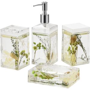 Locco Decor 4 Piece Acrylic Liquid 4D Floating Motion Bathroom Vanity Accessory Set Garden Botanic Green Plants Toothbrush Holder, Tumbler, Soap Dispenser, Soap Dish