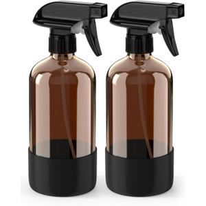 Glass Spray Bottle with Silicone Sleeve Protection, Amber Glass Spray Bottle Set for Window Cleaner Aromatherapy Facial Hydration Watering Flowers Hair Care 2 Pack/16 oz (Black)