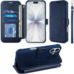 VANAVAGY Wallet Case Compatible for iPhone 17 6.3-inch 2025, Folio Flip Case with Wrist Strap RFID Blocking Card Holder Kickstand, PU Leather Shockproof Phone Cover Screen Protector,Navy Blue