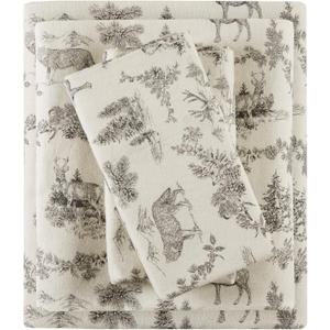 Comfort Spaces Cotton Flannel Sheets King Size, Ultra Soft Flannel Sheet Set with 14" Elastic Pocket Fits up to 16" Mattress, Novelty Print Warm Flannel Bedding, Grey Woodland Toile 4 Piece