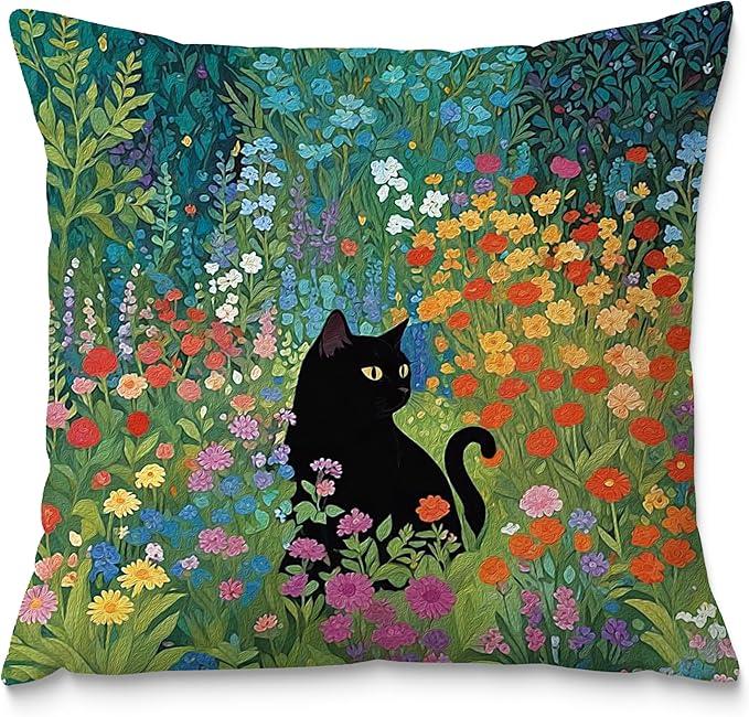 Fuasei Floral Black Cat Pillow Covers 18x18, Cats Lovers Lady Gifts, Cat Mom Grandma Gifts, Cats in Colorful Wildflower Decorative Pillow Covers for Home Bedroom Living Room Office Decor