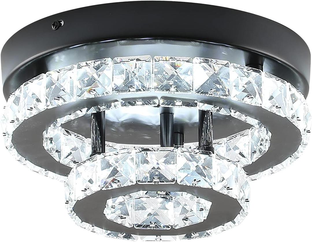 9.8 inch Modern Crystal Chandelier Flush Mount Ceiling Light, Black Mini Chandelier with LED Lighting for Bedroom Hallway Entryway Dining Room, 6000K Daylight Small Semi Flush Mount Fixture