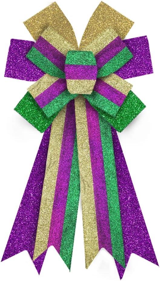 Mardi Gras Wreath Bows Mardi Gras Decor Bow Purple Green Glitter Srips Burlap Bows for Wreaths, Mardi Gras Ribbon Tree Topper Bows for Mardi Gras Home Indoor Outdoor Decoration Wreath Ornament Supply