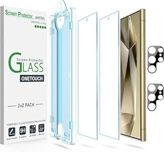 amFilm Auto-Alignment OneTouch for Samsung Galaxy S24 Ultra 6.8'' Screen Protector + Camera Lens Protector, Tempered Glass, 30 seconds Installation, Bubble Free, Anti-Scratch [2+2 Pack] (S24U-6.8")