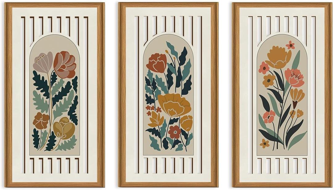 Celestdeco 3 Pcs Boho Flower Market Wall Decor Floral Botanical Modern Wood Wall Art Bohemian Floral Hanging Decor Abstract Minimalist Wooden Art for Living Room Bedroom Office 7.9 x15.8 Inch