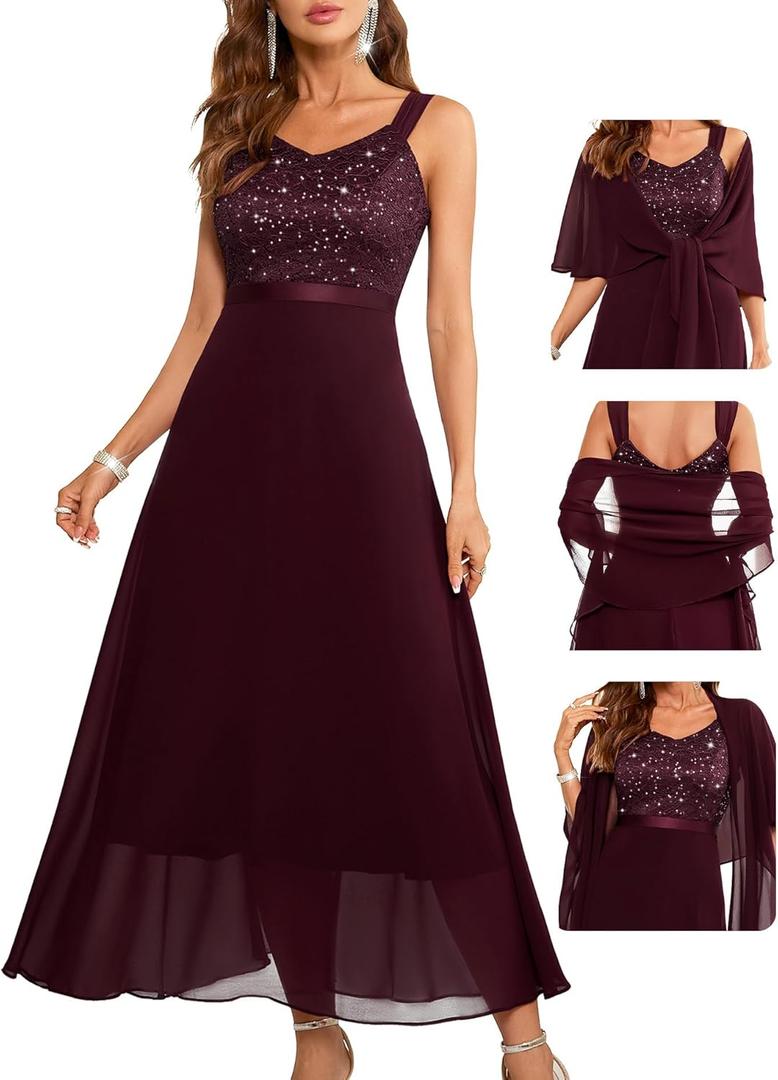BeryLove Formal Wedding Guest Sequin Prom Dresses Cocktail Evening Lace Elegant Mother of The Bride Dress (Red, XL)
