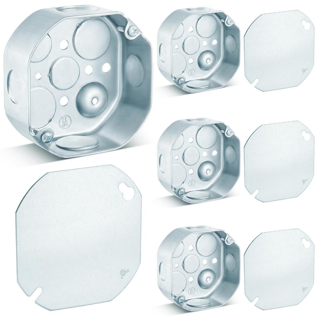 Copkim 4 Set 4 × 4" Electrical Junction Box with Cover Electrical Metal Outlet Box, 15.5 Cu. in. Capacity Receptacle Exposed Work Cover, 1-1/2'' Deep, Octangle