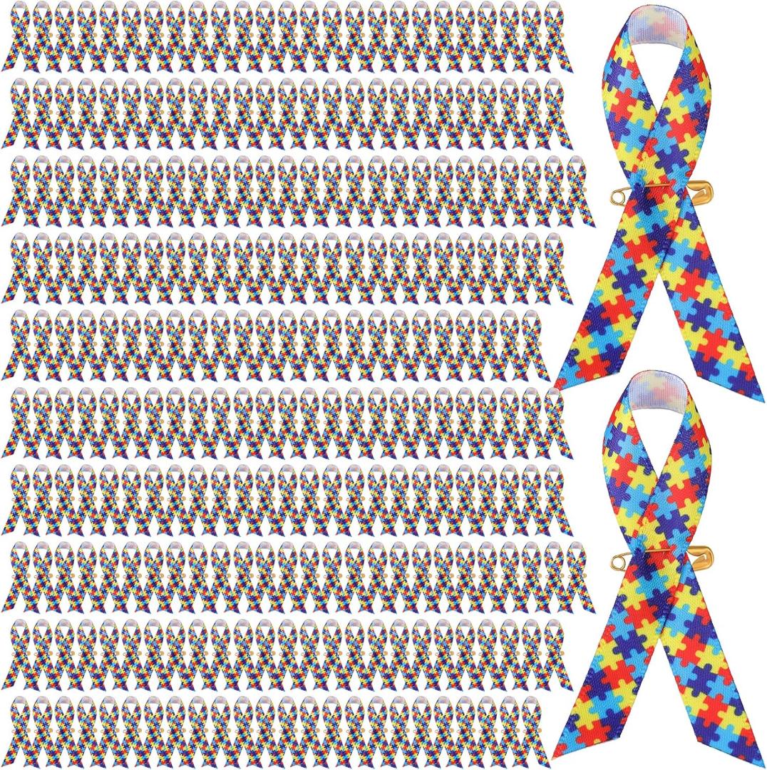 300 Pcs Autism Awareness Ribbons Autism Puzzle Fabric Awareness Ribbons with Safety Pins Lapel Pin Satin Ribbon for Charity Public Social Event Welfare Supplies