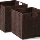 Set of 2 Hand-Woven Paper Rope Wicker Baskets, Storage Basket, Foldable Cube Storage Bins, Brown Storage Cubes, Square Baskets for Organizing Shelves Decor, 12x12x12in