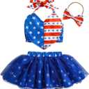 4th of July Baby Girl Outfit American Flag Halter Tank Cami Top Tulle Skirt Headband Fourth of July Clothes (0-3 Months, Blue)