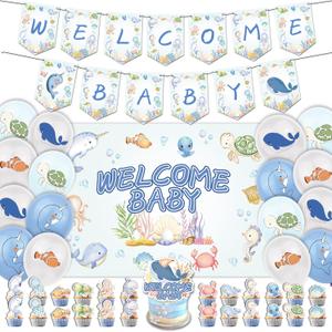 43Pcs Sea You Soon Baby Shower Decorations, Under the Sea Baby Shower Party Supplies Includes Welcome Baby Banner-Cake Topper-Cupcake Toppers-Balloons-Backdrop, Ocean Animals Theme Party Decorations
