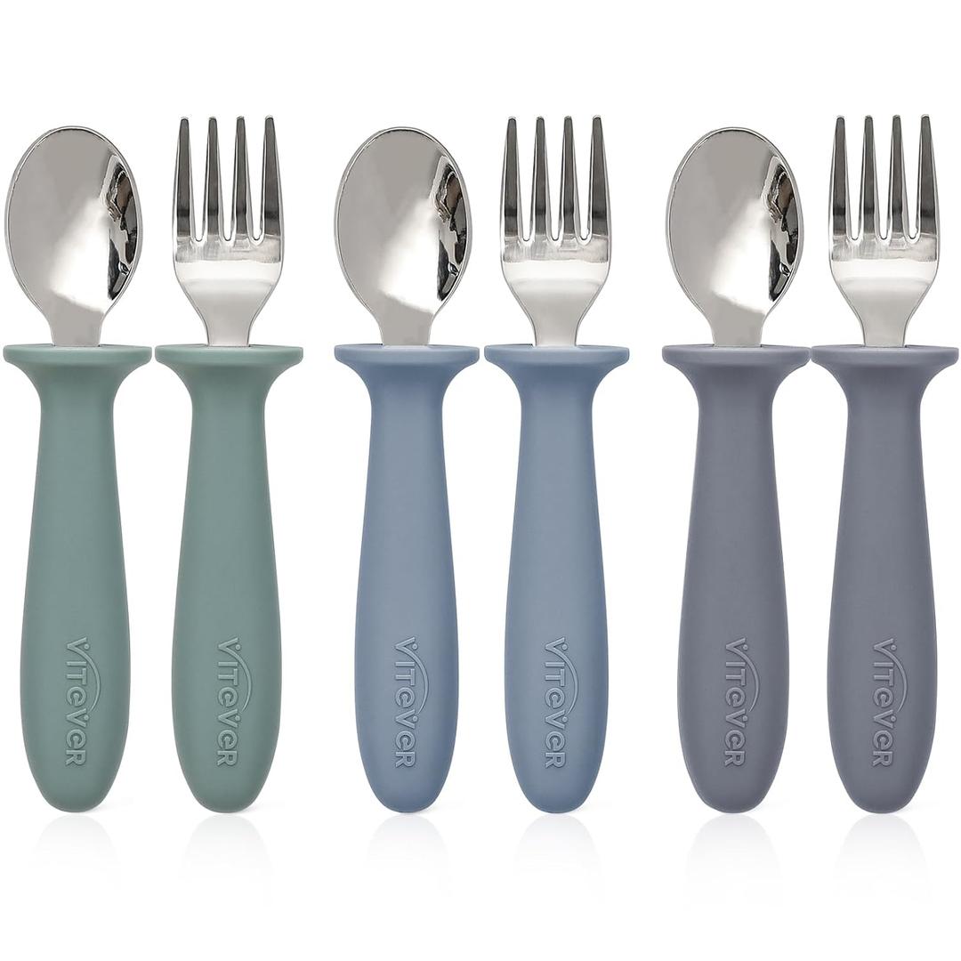 6 Pieces Toddler Utensils, Kids Safe Spoons and Forks, Children Silverware Set with Silicone Handle, 18/8 Stainless Steel, Food-grade SiliconeBPA Free - Dishwasher Safe (Gray/Green/Blue)