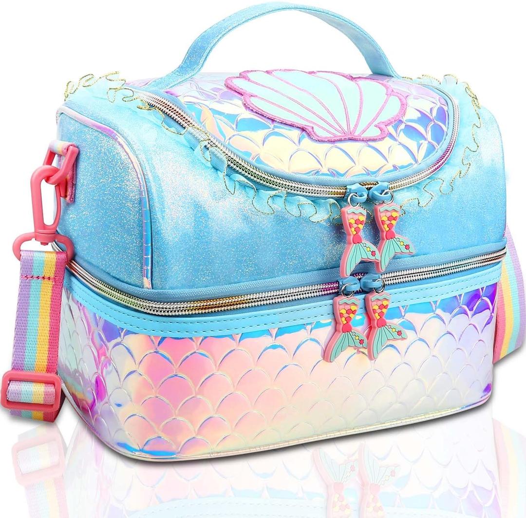 RHCPFOVR Kids Lunch Bag - Double - Decker Cooler Insulated Lunch Box for Boys Girls Women,Washable Lunch Bag with Strap and Reusable Toddler Lunchbox for School and Daycare (Blue Mermaid)