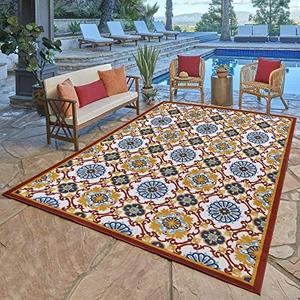 Gertmenian Textured High Low Indoor Outdoor Area Rug, Fade & UV Resistant, Abstract Floral Medallion Orange Red, 6x9 Medium, 22434
