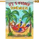 Welcome Summer Parrot Bird Decorative House Flag, It's 5 O'clock Somewhere Beach Coastal Tropical Palm Tree Garden Yard Outside Decorations, Hawaii Nautical Outdoor Large Home Decor 28 x 40