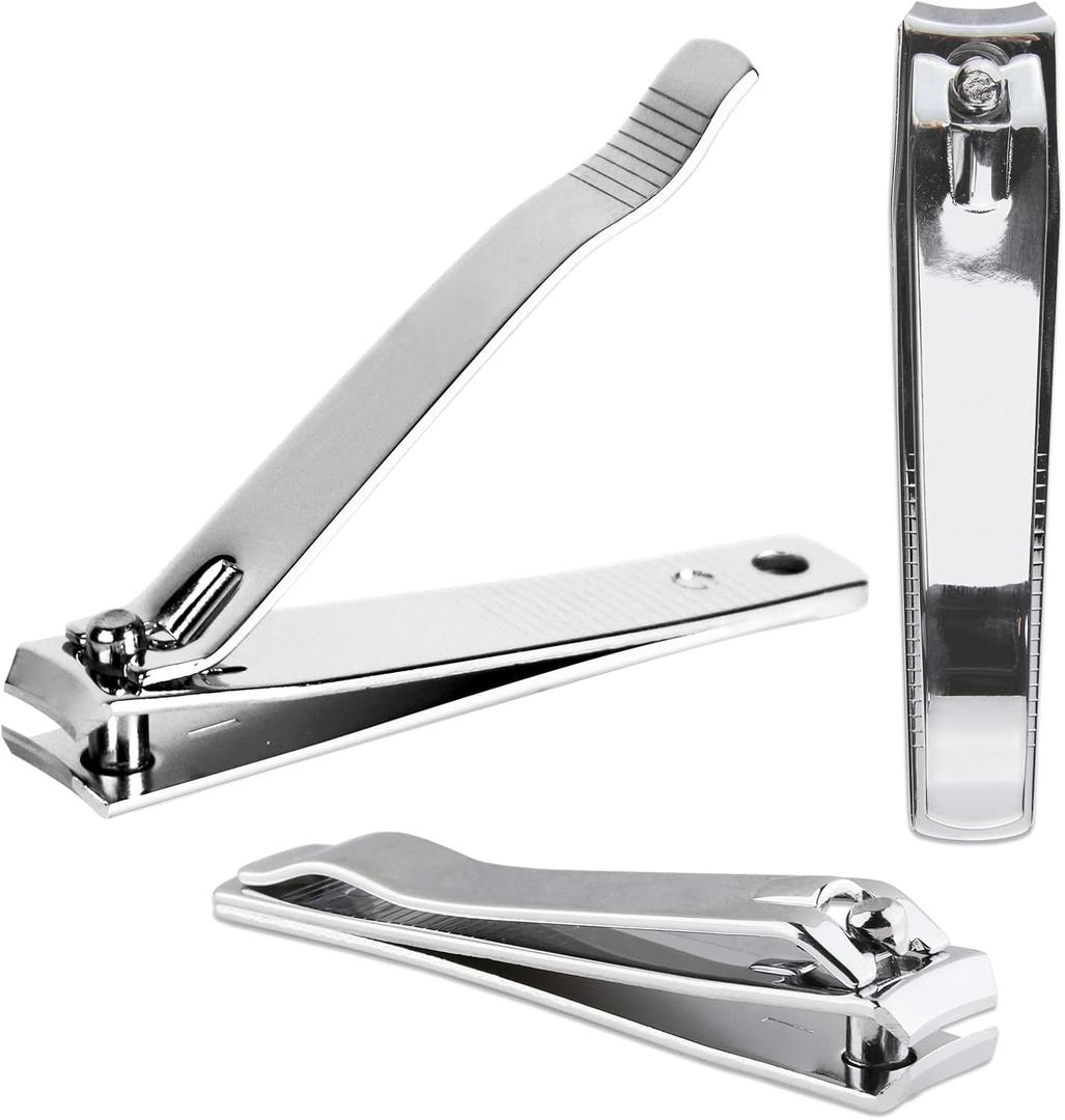 3pcs Large Beauticom Stainless Steel Curved Nail Clipper - Professional Ultra Sharp Sturdy Silver Finger Nail and Toe Nail Cutters for Acrylic Nails Grooming Manicure