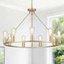 9-Light Dia 32" Gold Wagon Wheel Chandeliers for Dining Room Light Fixture | Farmhouse Chandelier for Living Room Kitchen Island Foyer, Hanging Lighting, Height Adjustable, Inclinable Installation, D32'' 9-Light