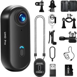 4K Action Camera, 64GB Wearable Sports Camera with Waterproof Case, Magnetic Clip, and Quick-Mount Accessories, Small Body Cam for Cycling, Diving, Travel, and Outdoor Adventures4K-64G
