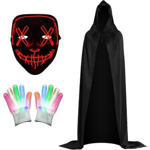 Brightown Halloween-Costume-for-Boys 3 Set, Hooded Cloak with Light Up Scary LED Masks & Skeleton Gloves, 3 Modes Purge Mask Multicolor LED Glowing Gloves, Teen Boys Halloween Costumes