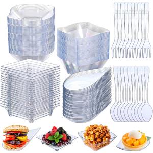 200 Pcs Mini Appetizer Plates Disposable Mini Dessert Plates Cups Spoons Forks Set Dessert Small Containers Assorted Shape for Wedding Birthday Plastic Shrimp Cocktail Cups Party Spa