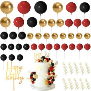 MIAHART Ball Cake Toppers Boho Grass Cake Topper Ball Cake Insert Decoration for Birthday Wedding Baby Shower Party Decorations Boho Themed Party Supplies (Red,black,gold)
