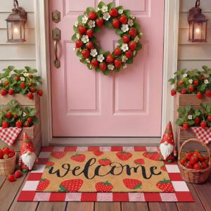 Tinideya 2 Pcs Strawberry Door Mat Fruit Pattern Design Welcome Non Slip Coir Mats Red and White Plaid Floor Layering Doormats Seasonal for Front Porch Entryway Decor(Strawberry), 23.6 x 35.4 Inches