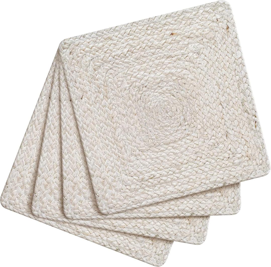 Hausattire Jute Braided Placemats 14x14 Inches Set of 4 Reversible Handwoven Boho Vintage Placemats for Kitchen Dining Tables|BBQ's Farmhouse Easter Decor Indoor & Outdoor Parties|Off-White