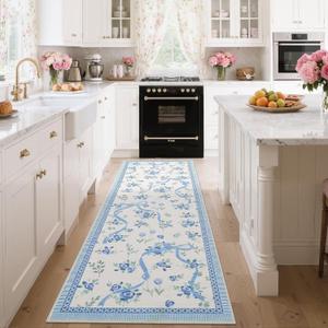 GarveeHome Runners for Hallways Non Slip, 2.5x8 Kitchen Runner Rug Blue and White Rugs for Bedroom Girls, Low Pile Soft Washable Runner Floral Bow Rug for Nursery Dorm Entryway