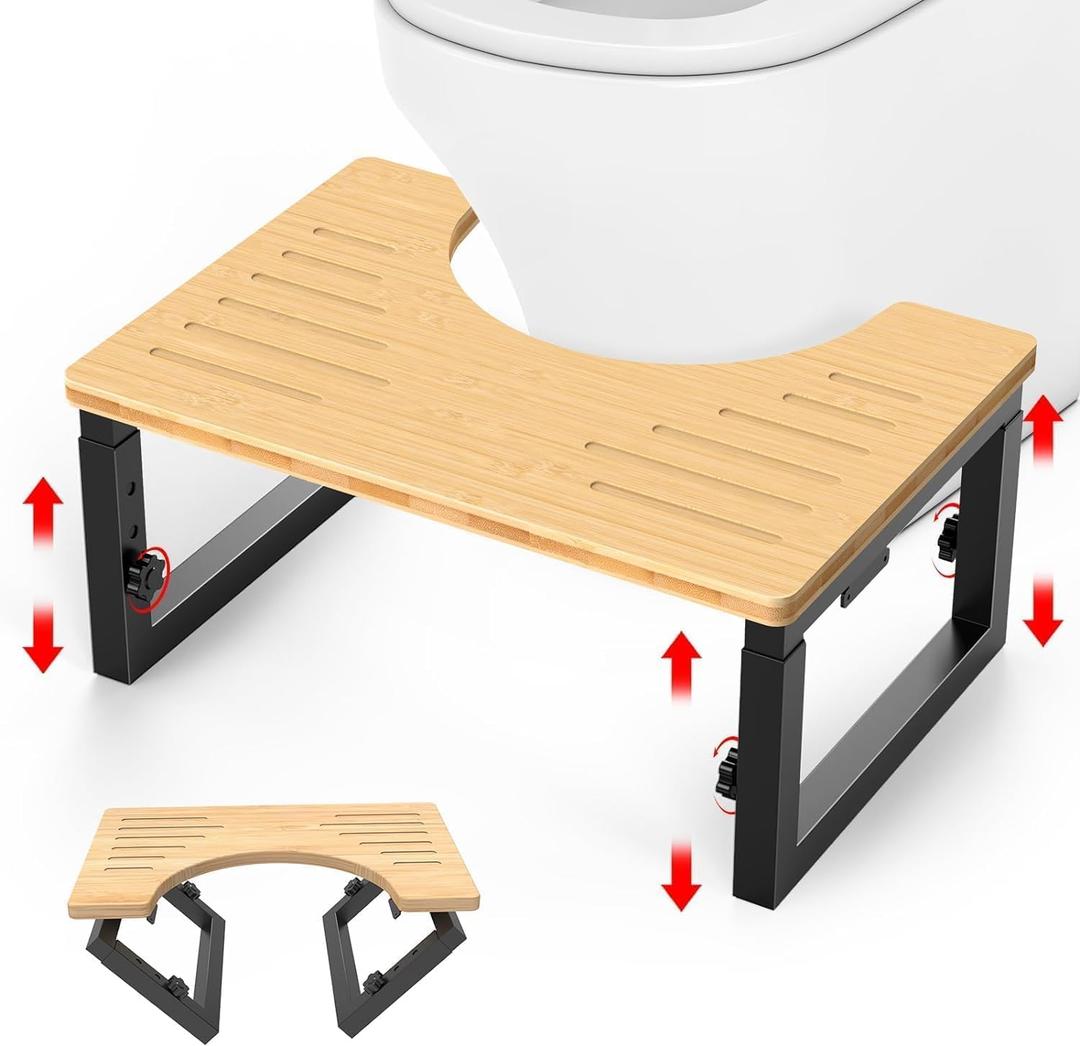 Bamboo Toilet Stool Foldable, 7 in, 8 in Or 9 in Adjustable Height Squat Stool Potty for Adults, Sturdy Poop Step Stool for Bathroom, Improve Squatting Posture, Non-Slip,500 lbs Capability (Black)