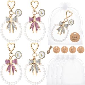 Yuntau 4 Set Pearl Bow Keychain Party Favor Set Rhinestone Bow Purse Charm with Thank You Tags Organza Sparkly Bowknot Keychain for Guest Baptism Bridal Shower Wedding