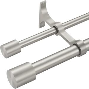 Brushed Nickel Double Curtain Rods 28-48", Decorative Double Window Curtain Rod with Cap Finials, 1 Inch Front and 5/8 Inch Back Heavy Duty Double Window Rods, Adjustable Dual Drapery Rod