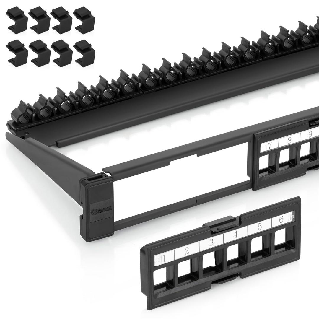 Everest 24 Port Keystone Patch Panel (10-Pack) - Removable 6-Port Panels - Use with Slim Profile Keystones ONLY (Wider Jacks May Not Fit Side by Side) - 8 Blank Keystone Jack Inserts Included