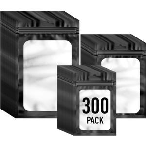 300 Pack 3 Size Mylar Resealable Bags with Front Window, Packaging Bags Smell Proof Bag Foil Bag Zipper Pouches for Jewelry, Sample, Food Storage(Black,3x4.7in,4x6in,4.7x7.9in), Black 