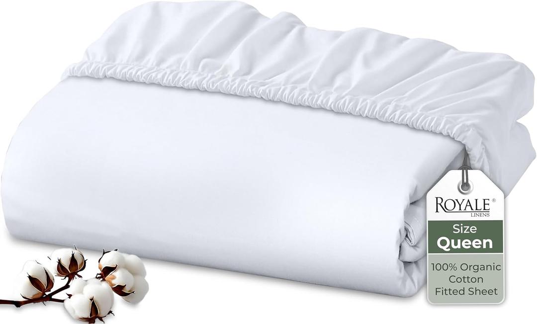 Royale Linens 100% Organic Cotton Fitted Sheet - Percale Weave - Super Soft Deep Pocket Bottom Sheets - White Elastic Sheet Queen Size - Queen Fitted Sheets Only - (60"x80"+15", White)