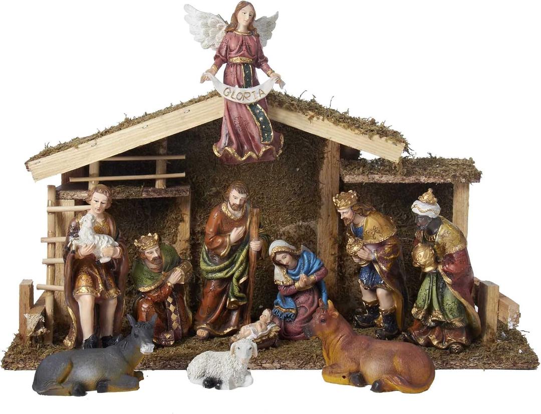 Kurt Adler 12-Piece Nativity Set with Wooden Stable