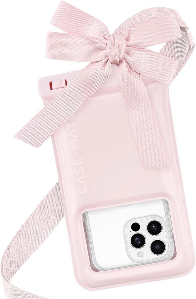 Case-Mate IP68 Waterproof Large Phone Pouch with Bow Design - Travel Beach Cruise Ship Essentials - Floating Phone Case with Crossbody Lanyard for iPhone 17 Pro Max/16 Pro/15/14/13/ S25 - Ballet Pink